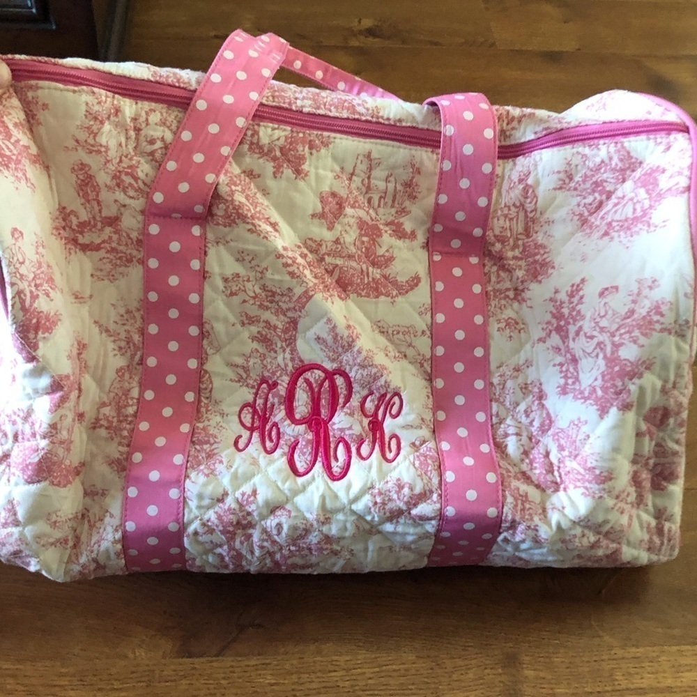 Vintage pink and white girly embroidered AKR duffle bag